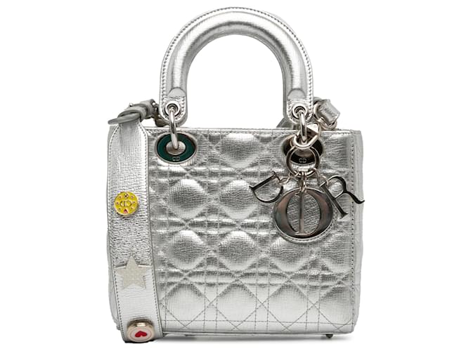 Dior Silver Small calf leather Cannage My ABCDior Lady Dior Silvery Pony-style calfskin  ref.1323599