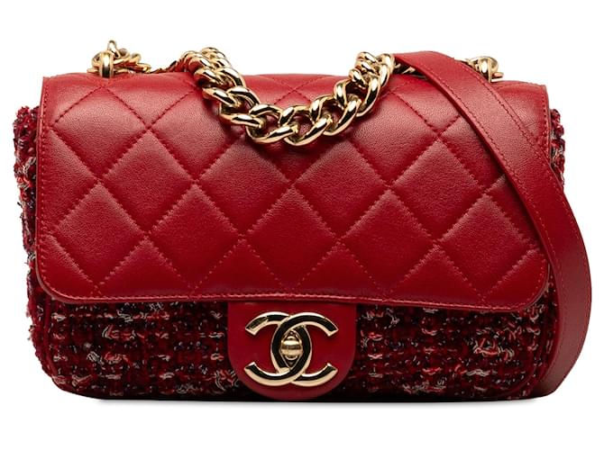 Chanel Red CC Quilted Lambskin and Tweed Single Flap Cloth  ref.1335643