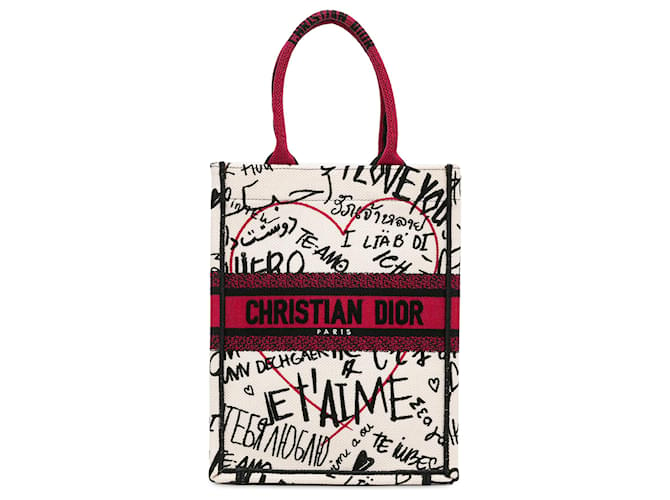 Dior Dioramour Vertikale Büchertasche aus Canvas mit Graffiti-Stickereien Weiß Leinwand Tuch  ref.1335723