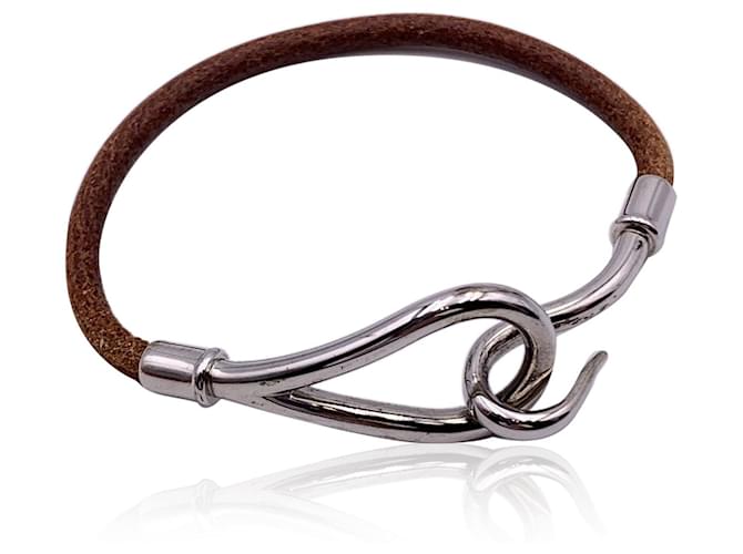 Hermès Pulsera con gancho gigante de metal plateado y cuero marrón Hermes Castaño  ref.1342817