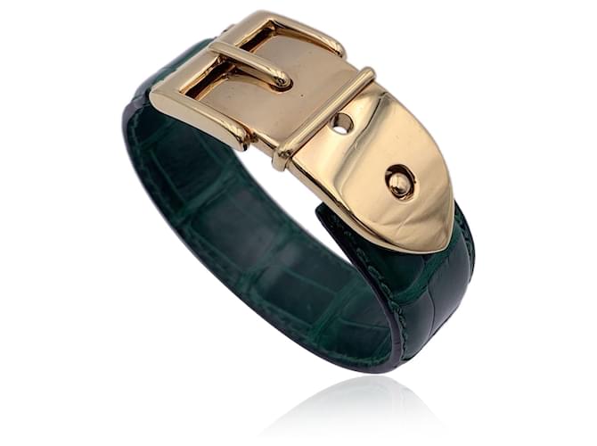 Gucci Bracelet de manchette en cuir vert Vintage, boucle dorée  ref.1342818