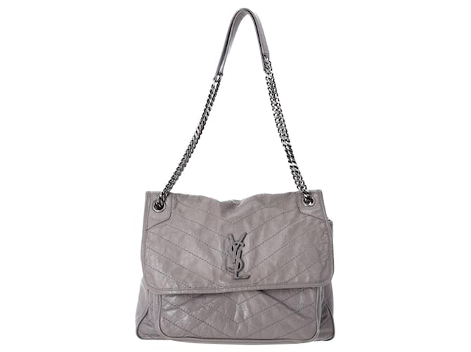 Grand Sac Niki Matelassé Crinkle Saint Laurent en Cuir Gris  ref.1342839