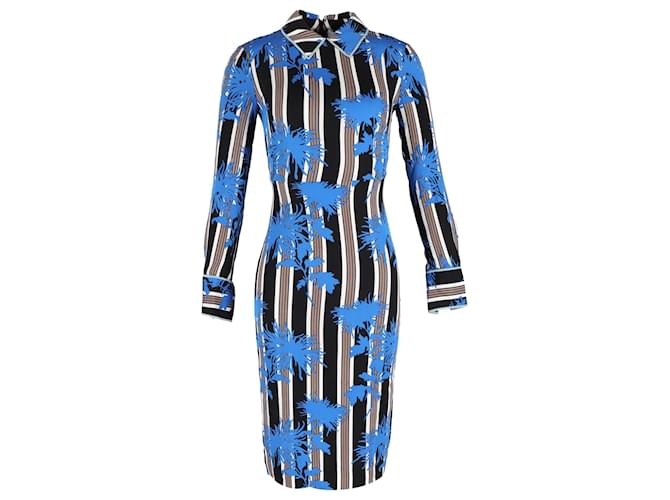 Diane Von Furstenberg Robe imprimée à manches longues en soie bleue  ref.1342844