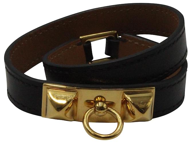 Ring Hermès Rivale Gold Plated Double Tour Bracelet in Black Leather   ref.1342856
