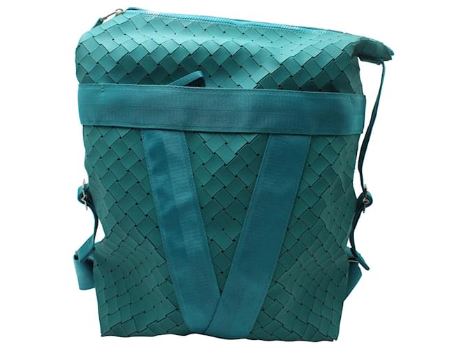 Bottega Veneta Intrecciato Rubberised Backpack In Turquoise Canvas Cloth  ref.1342878