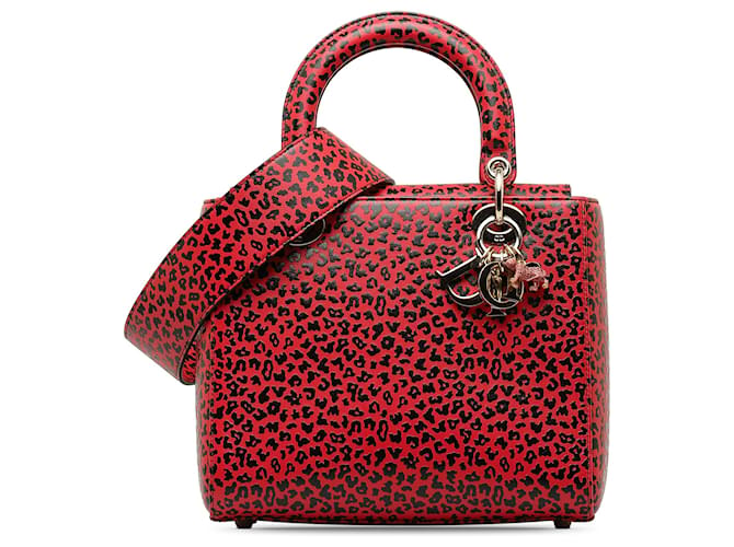 Dior Red Medium Leather Leopard Print Lady Dior Pony-style calfskin  ref.1343671