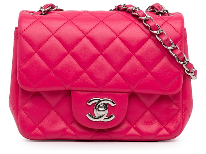 Chanel Mini quadrato rosa classico in pelle di agnello con patta singola  ref.1345228