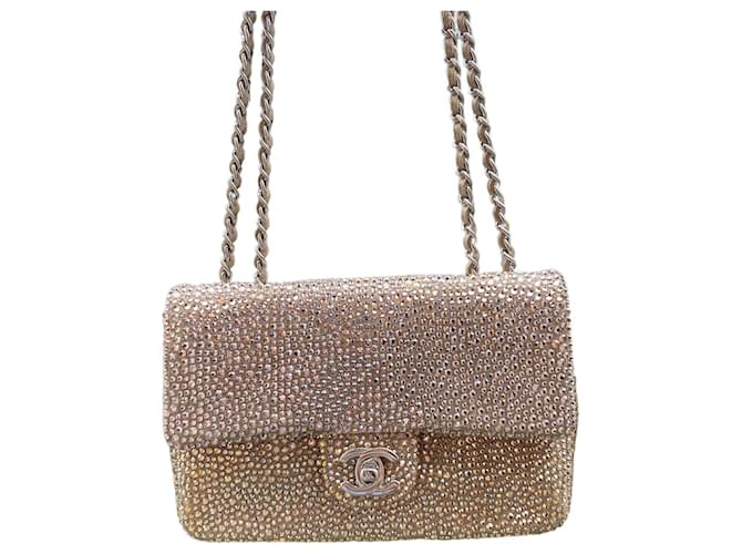 Bolsa clássica Chanel 2015 Mini Square Flap com cristais Swarovski! Prata Rosa Dourado Hardware prateado Couro  ref.1347041