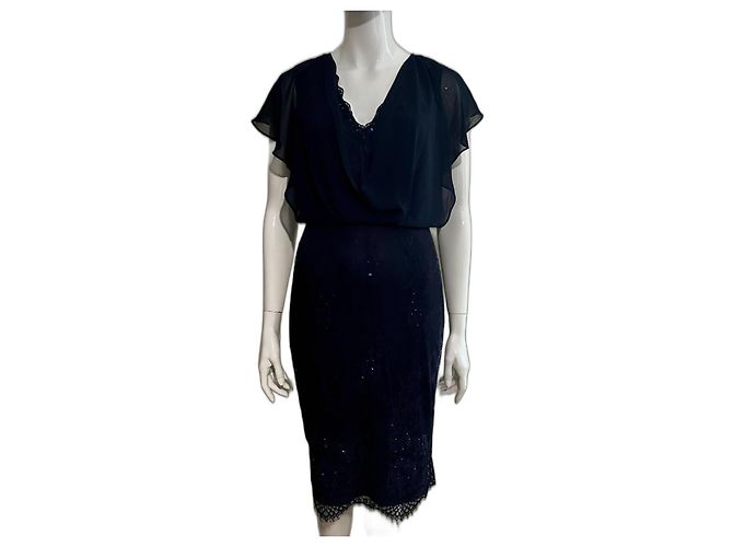 Jenny Packham Robe de cocktail en dentelle brodée de perles et de sequins Bleu Marine