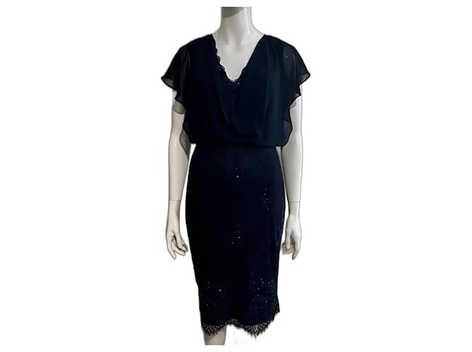 Jenny Packham Vestido de coquetel de renda bordado com pérolas e lantejoulas Azul marinho  ref.1347049