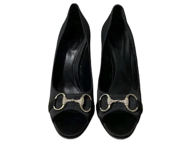 Gucci black satin horsebit Holywood peep toe heel pumps  ref.1347375