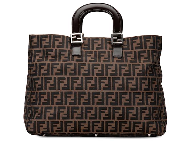 Fendi Brown Large Zucca Twins Tote Leather Cloth Pony-style calfskin Cloth  ref.1347446