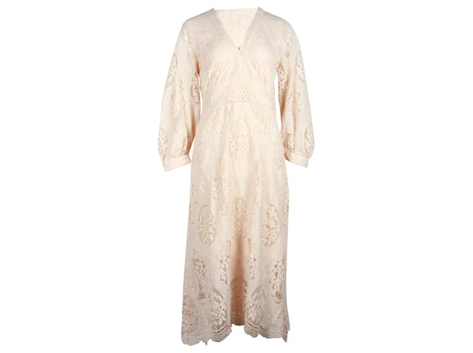 Maje Romy Guipure Lace Midi Dress in Beige Polyester Brown  ref.1347759