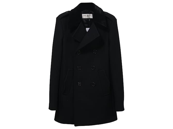 Abrigo corto con botonadura forrada de lana negra Saint Laurent Negro  ref.1347894