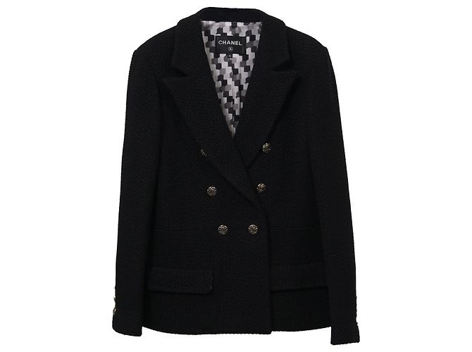 Timeless Chanel Double-Breasted Blazer in Black Wool