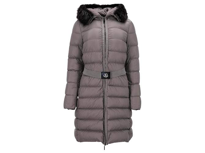 Moncler Plumífero con capucha y ribete de piel de zorro en lona de nailon gris Lienzo  ref.1348143