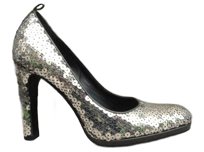 Miu Miu Silver Sequined Leather Pumps 10cm Heels