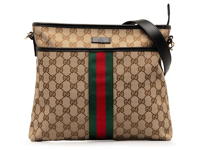 Gucci Brown GG Canvas Web Crossbody Bag Cuir Toile Veau façon poulain Tissu Marron Beige  ref.1348193