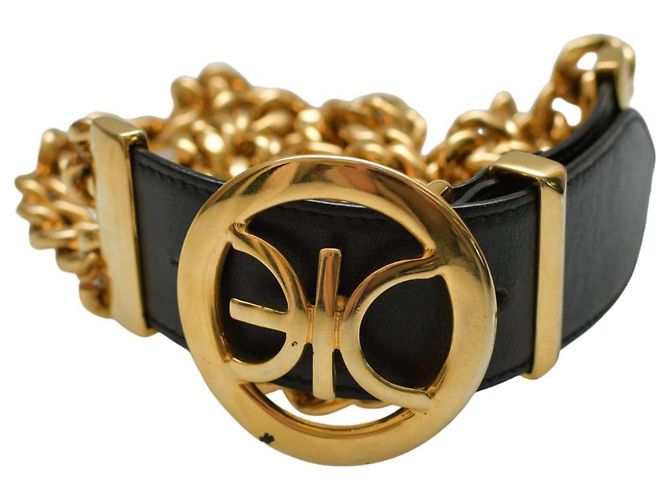 Cinto Iceberg de couro preto com fivela redonda dourada e correntes Gold hardware