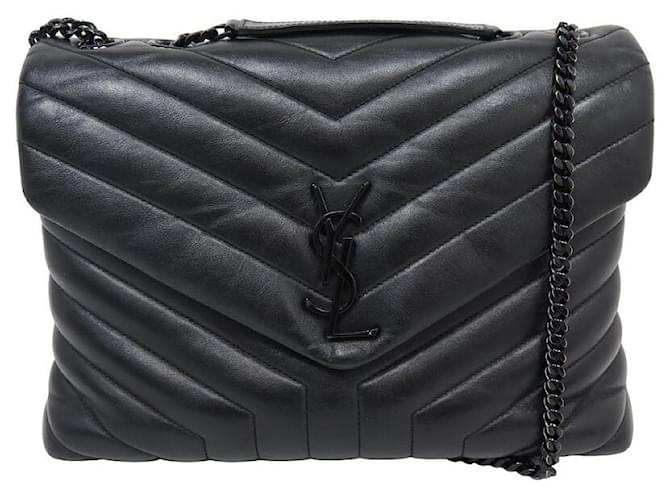 Yves Saint Laurent SAC A MAIN SAINT LAURENT LOULOU MEDIUM SO BLACK BANDOULIERE HAND BAG PURSE Cuir Noir  ref.1348327