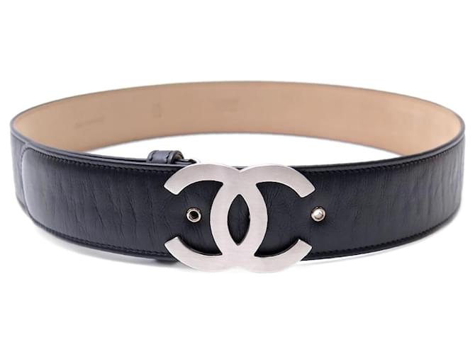 NEW CHANEL BELT WITH CC LOGO BUCKLE STEEL T75 BLACK LEATHER