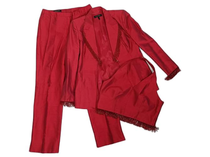 Tailleur pantalon en soie rouge Escada, Y2k costume femme  ref.1348445