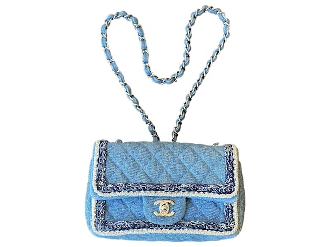 Chanel 2019 Bolsa de Ombro Clássica Pequena de Denim Trançado Raro Mini Azul Azul claro John  ref.1348459