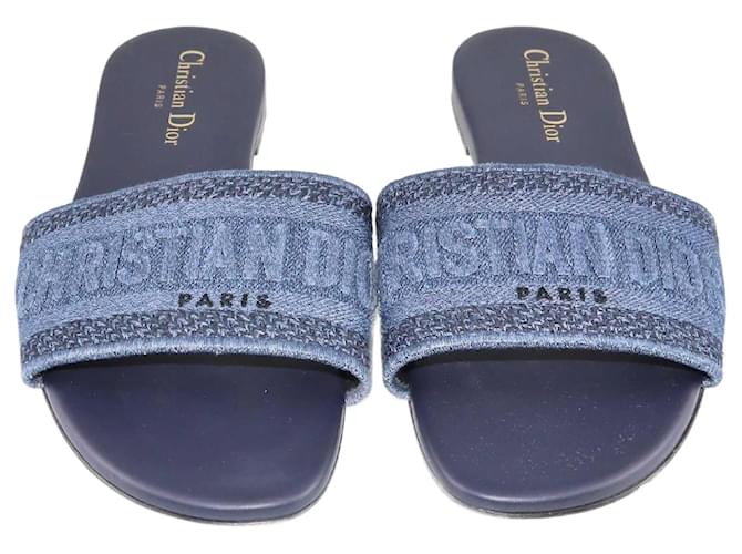 Christian Dior Chanclas planas Dior Dway con bordado azul marino Lienzo  ref.1348671