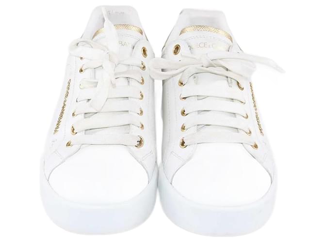 Dolce & Gabbana Weiß/Goldene, mit Perlen verzierte Low-Top-Sneakers Leder  ref.1348672