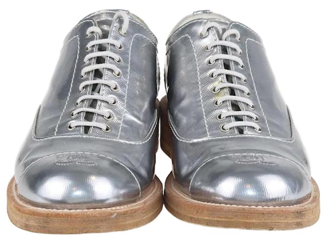 Chanel Silver Cc Cap Roe Lace Up Oxford Silvery Leather  ref.1348705
