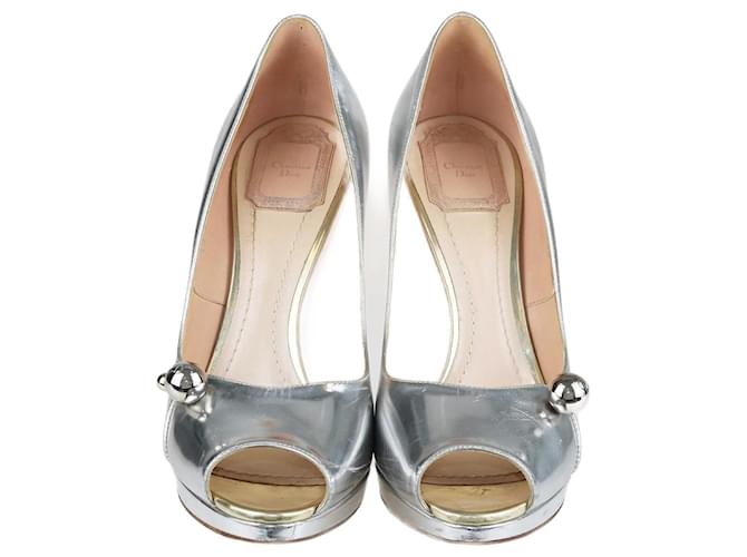 Christian Dior Dior Silver Leather Platform Peep Toe Pumps Silvery  ref.1348755