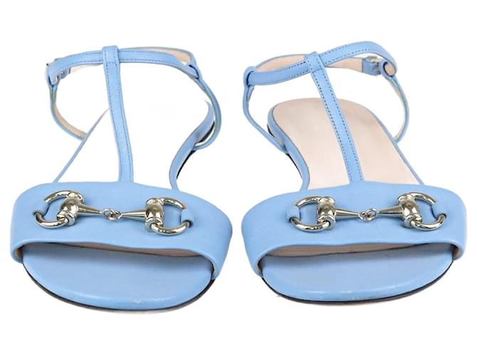 Gucci Light Blue Horsebit T-Strap Flat Sandals Leather  ref.1348792