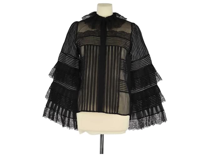Oscar De La Renta Black Floral Lace Semi Sheer Shirt Silk  ref.1349081