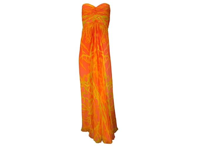 Autre Marque Oscar de la Renta Laranja / Vestido de seda sem alças estampado amarelo / vestido formal  ref.1349614