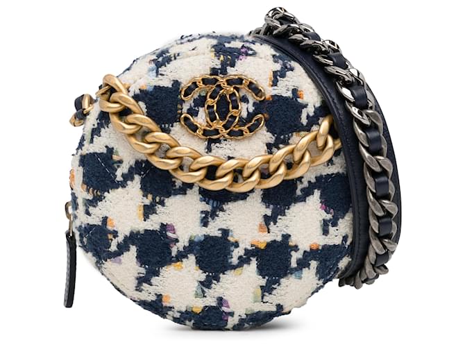 Tweed bianco Chanel 19 Pochette Rotonda con Catena e Portamonete Panno  ref.1349984