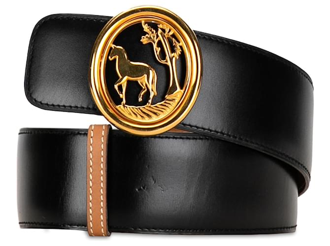 Hermès Black Horse Tree Emblem Leather Belt Golden Metal Pony-style calfskin  ref.1350010