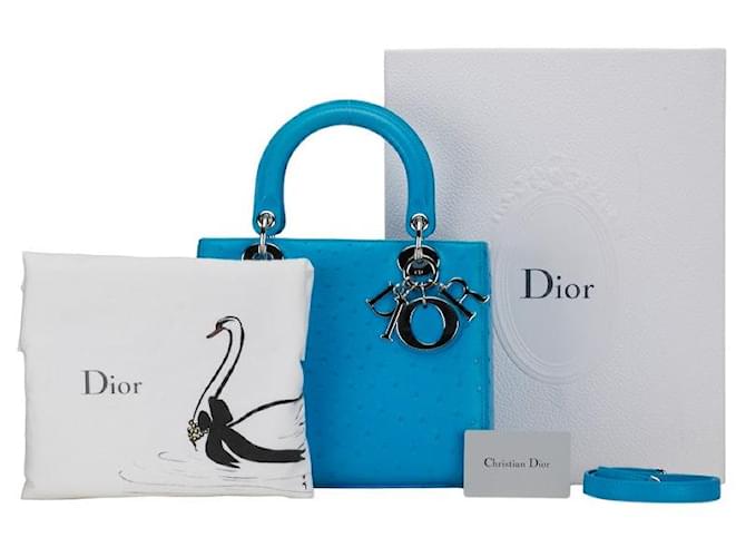 Dior Lady Dior Ostrich 2WAY Handbag Blue in Very Good Condition Leather  ref.1350120