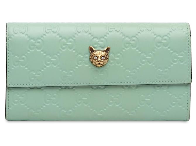 Cartera continental verde con diseño de gato de cristal Gucci Guccissima Signature Cuero  ref.1350816