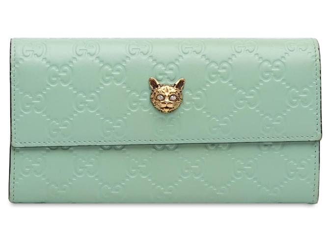Portefeuille continental vert Gucci Guccissima Signature Crystal Cat Cuir  ref.1350816
