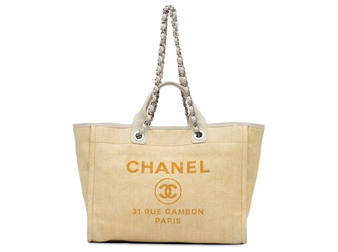 Bolsa Chanel Média Ráfia Deauville Amarela Amarelo Couro  ref.1350885