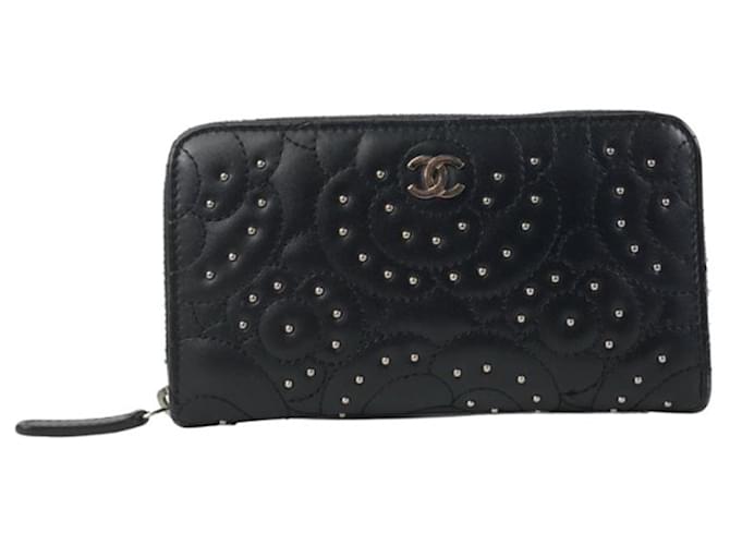 Black Chanel Camellia Zip Around Wallet Leather  ref.1350920