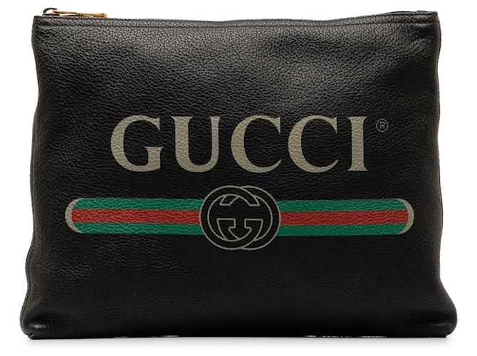 Bolso clutch de cuero con logo Gucci Gucci negro  ref.1350966