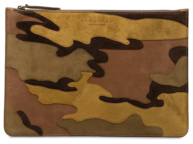 Brown Burberry Suede Camouflage Patchwork Clutch Leather  ref.1351118