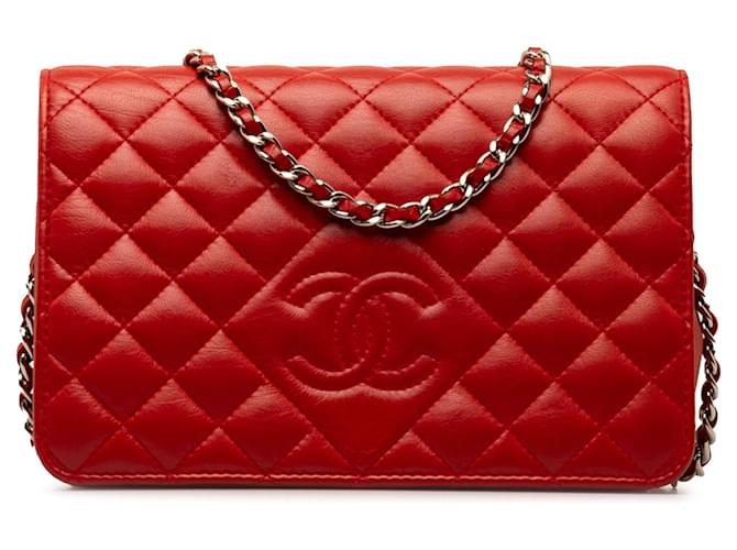 Wallet On Chain Carteira Red Chanel Diamond CC de pele de cordeiro em bolsa crossbody com corrente Vermelho Couro  ref.1351128