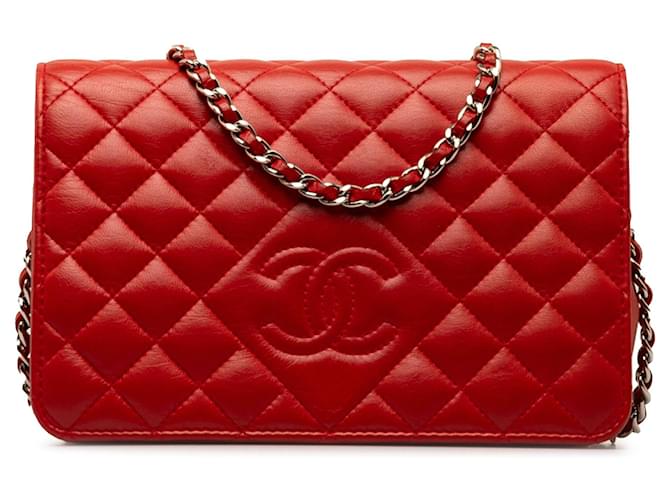 Red Chanel Diamond CC Lambskin Wallet on Chain Crossbody Bag Leather  ref.1351128