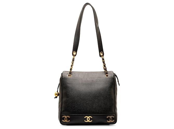 Schwarze Chanel Triple CC Caviar Tragetasche Leder  ref.1351168