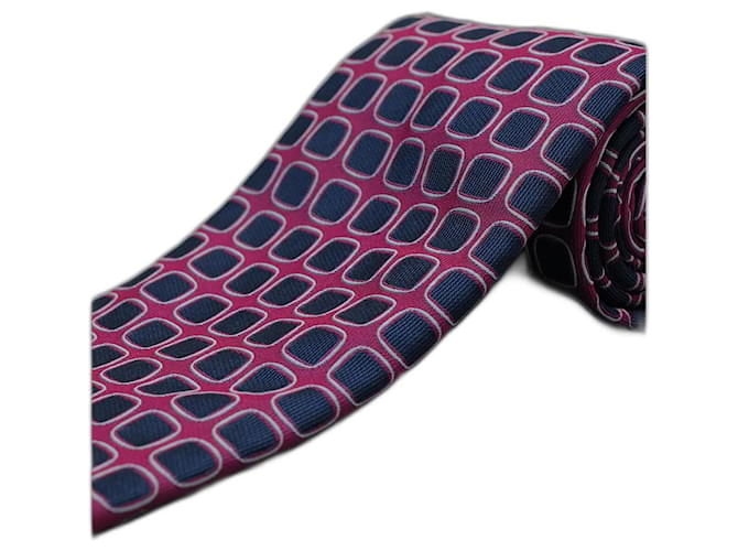 Hermès Corbata Fucsia avec Cuadros Azul Marino Soie Violet  ref.1351273