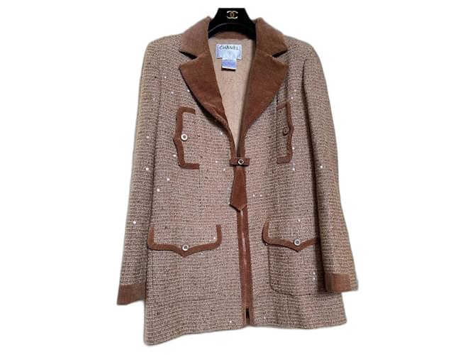 Chanel tweed jacket Beige Light brown Silk Cotton Cashmere Polyester Wool Nylon Lycra  ref.1351470