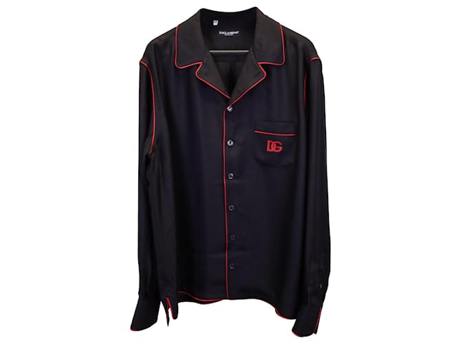 Dolce & Gabbana Embroidered Pyjama Shirt in Black Satin  ref.1351588