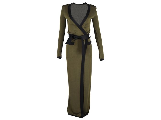 Balmain Open-Front Belted Maxi Cardigan in Green Wool